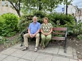 Councillor Paul Carter of Otley Town Council, and Janet Francis of Let’s Light Up Otley for Christmas at the "HSBC triangle"