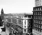Looking down the Headrow, Leeds, towards the town hall, from the top of Schofields department store, in August 1962