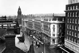 Looking down the Headrow, Leeds, towards the town hall, from the top of Schofields department store, in August 1962