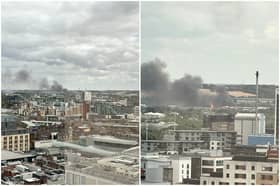 Smoke and flames from the fire in Stourton pictured from Leeds city centre