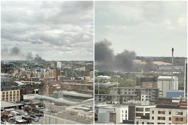 Smoke and flames from the fire in Stourton pictured from Leeds city centre