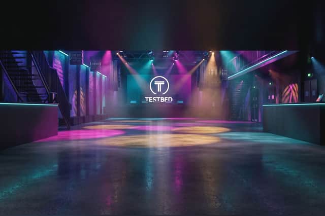 Inside the new-look TESTBED: A preview render of the upgraded 2,500-capacity main hall featuring custom stage lighting and L-Acoustics sound.