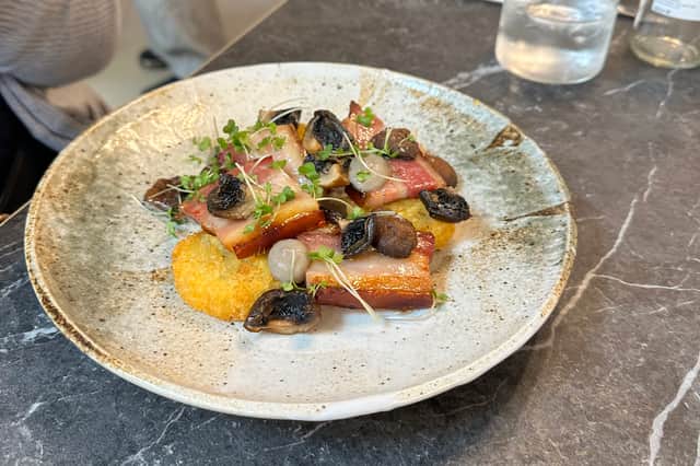 Mead glazed pancetta with potato rosti and mushroom ketchup.