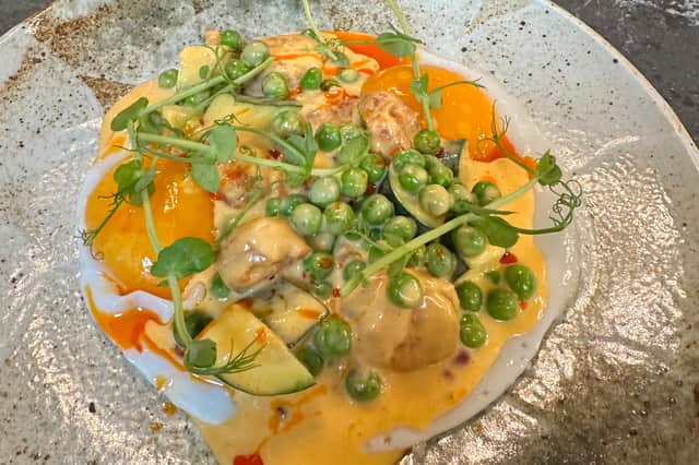 Fried duck eggs with courgettes, peas and Yorkshire chorizo