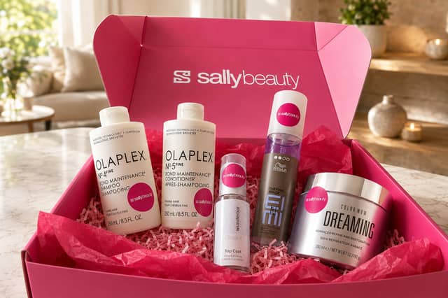 A selection of salon-quality haircare products from Sally Beauty, including Olaplex, Color Wow, Wella and Wunderbar, styled as part of an at-home haircare routine.