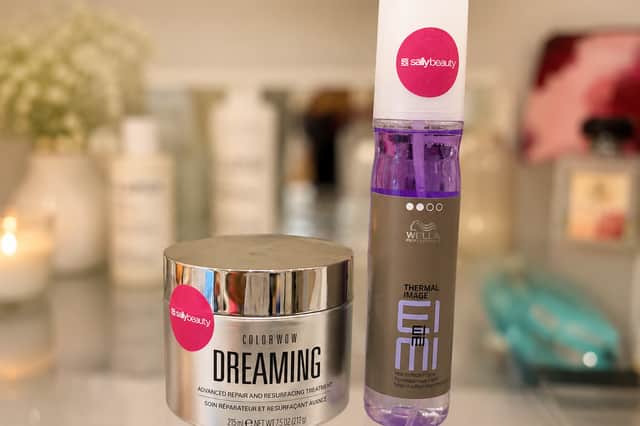 Color Wow Dreaming Advanced Repair and Resurfacing Treatment and Wella EIMI Thermal Image heat protection spray, available from Sally Beauty.