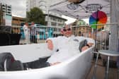 Getting Clean founder Chris Sylvester pictured in City Square as he takes on his 60-hour 'TUBTrap' bathtub challenge to raise £50,000 for local recovery services  