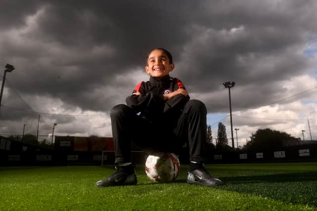 Eight-year-old Leeds footballer Rayaan Ronaldo - formerly of Manchester United Academy - who has signed for Sheffield United pictured at Goals Leeds.  Picture taken by Yorkshire Post Photographer Simon Hulme 9th June 2026