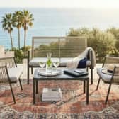   Wowcher’s £199 four-seater rattan garden furniture set includes two chairs, a loveseat and glass-topped table.  