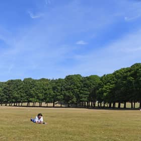 A sunbather on the parched grass in Hyde Park, Leeds.