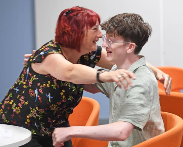 13th August 2026
A Level results day at Mathematics School, Leeds.
Pictured Jacob Jones gets his 4 a*s and celebrates with his family
Picture Gerard Binks