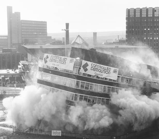 Leeds' old Telecom House is brought crashing down by a controlled explosion on February 19, 1990, after homes were emptied and major roads closed