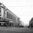 The Headrow, looking east from the junction with Briggate towards Eastgate in November 1944. The Odeon cinema was showing The Song Of Bernadette.