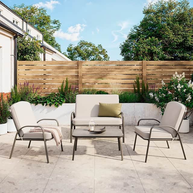 The Casima four-seater garden set combines comfortable seating with a stylish coffee table for a relaxed outdoor space.