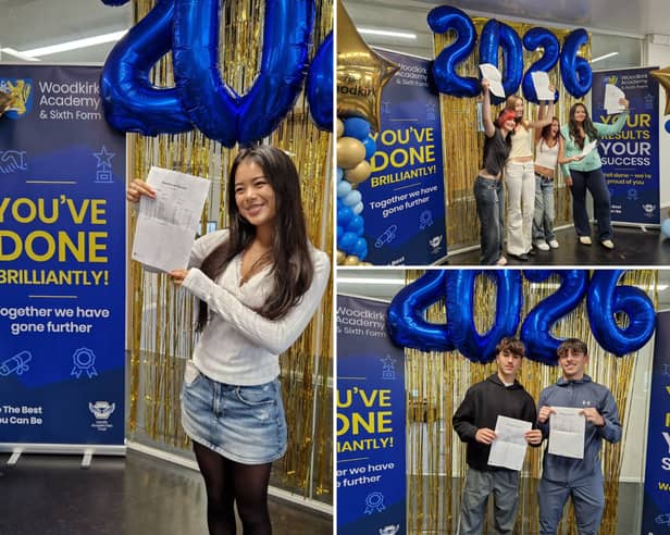 Students celebrate on results day at Woodkirk Academy in Tingley