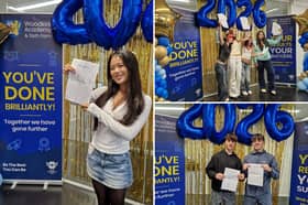 Students celebrate on results day at Woodkirk Academy in Tingley