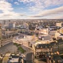 Aerial view of Bradford City Centre including Town Hall and Centenary Square.