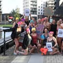 25th August 2026
A community protest swim will take place at Leeds Dock on Tuesday 25 August at
Swimmers and supporters are calling for the reinstatement of the site's open water swimming licence, the return of a safe swimming space in Leeds, and the creation of more accessible blue-space swimming areas across the city.
Pictured protestors gather at  Leeds Dock before the swim
Picture Gerard Binks
