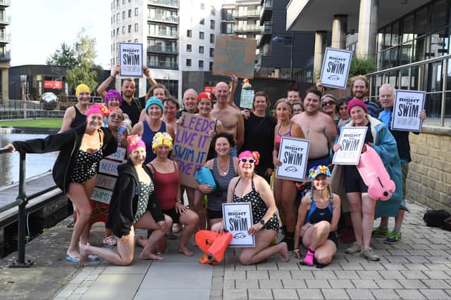 A community walk is taking place this weekend. Pictured is a swim protest at Leeds Dock in August 2026.