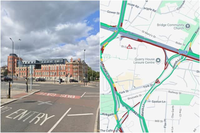 There are road closures and queueing traffic due to a crash on A64 New York Road Westbound, from Plaid Row to A61 East Street