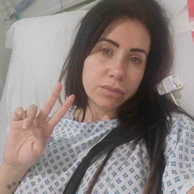 Rebecca Fargie in hospital being treated for bowel disease.