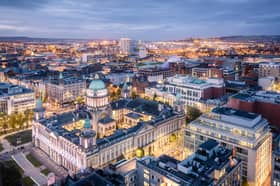 Belfast laid out below in all its glory, with sweeping views across the city from the Grand Central Hotel.