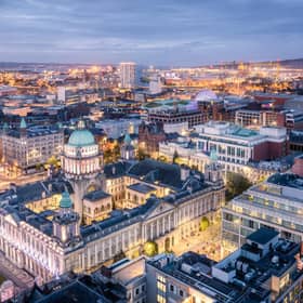 Belfast laid out below in all its glory, with sweeping views across the city from the Grand Central Hotel.