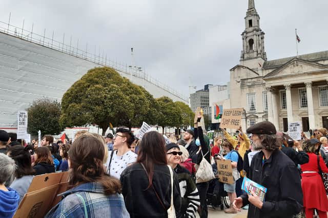 Hundreds of people met in Millennium Square to protest a planned data campus in Leeds last Saturday