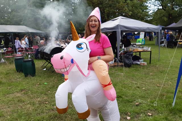 Local green party councillor Lou Cunningham as a unicorn