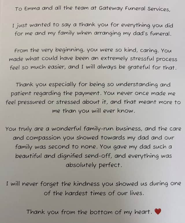 Heartfelt thanks from one family praising the care and compassion shown by the Gateway Funeral Services team.