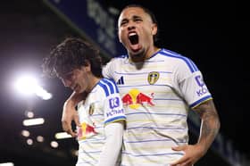 Noah Okafor and Ao Tanaka celebrate Leeds United's opener against Newcastle.