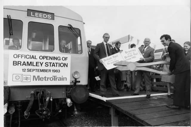 Just the ticket. The chairman of West Yorkshire County Council Bill Sykes, centre, has his ticket punched at the newly-opened Bramley railway station by British Rail's Yorkshiree division manager Paul Watkinson, right, and the director general of the West Yorkshire Passenger Transport Executive Bill Cottham.