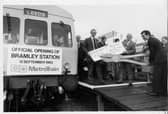 Just the ticket. The chairman of West Yorkshire County Council Bill Sykes, centre, has his ticket punched at the newly-opened Bramley railway station by British Rail's Yorkshiree division manager Paul Watkinson, right, and the director general of the West Yorkshire Passenger Transport Executive Bill Cottham.