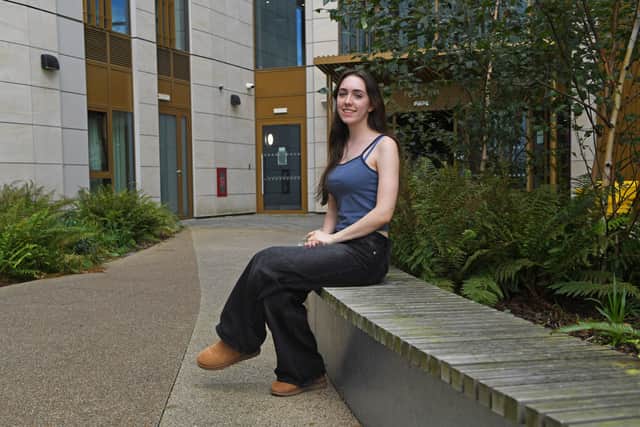 Ashlyn Evans outside Carlton Hill Residences in Leeds
