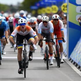 Riders surge from the starting line as the race gets underway along the Yellow River course