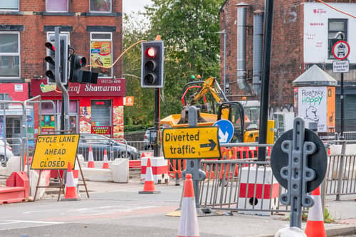 On-going roadworks for the final phase of the bus, pedestrians and cyclists scheme along the A660 from Headingley to Leeds city centre.