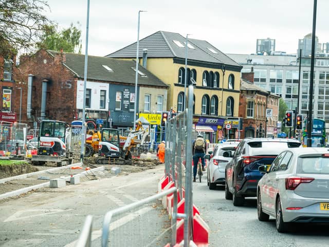 On-going roadworks for the final phase of the bus, pedestrians and cyclists scheme along the A660 from Headingley to Leeds city centre. Leeds City Council, alongside partners the West Yorkshire Combined Authority, have already started the £10.4million major works on the A660 from which should end spring 2027. Picture James Hardisty. Date: 23rd September 2026.
