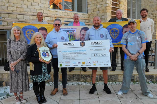 Elliot James Bransby Memorial Shield  presentation of £17, 320..70 to Martin House Hospice from the recent football game at the South Leeds Stadium, from left  Linda Gray, Donna Bransby, Bobby Sharma, Yorkshire Indian, David Bransby, Stix Lockwood, Leeds United Club Ambassador, Simon Wood co-ordinator of the events, Eddie Gray, Finley Barret-Carter singer of Britain's Got Talent, Sam Berrill, Regional Fund Raiser Martin House Hospice