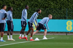 Leeds United striker Dominic Calvert-Lewin training with his England teammates.