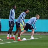 Leeds United striker Dominic Calvert-Lewin training with his England teammates.