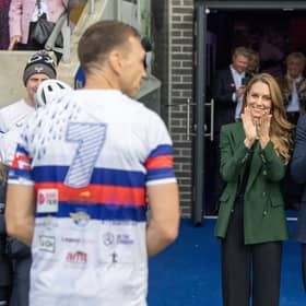 Prince and Princess of Wales greet Sir Kevin Sinfield at Wakefield Trinity Rugby League Club as he finished day 3 of his ultramarathons.
The Prince and Princess of Wales during a surprise visit to Wakefield Trinity Rugby League Club to see Sir Kevin Sinfield finish day 3 of his 7 in 7 Challenge for MNDA.
The visit Royal couple William and Kate met members of the MND community during their surprise visit to Wakefield. 
Picture by Tony Johnson.