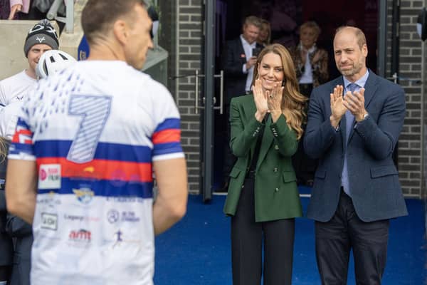 Prince and Princess of Wales greet Sir Kevin Sinfield at Wakefield Trinity Rugby League Club as he finished day 3 of his ultramarathons.
The Prince and Princess of Wales during a surprise visit to Wakefield Trinity Rugby League Club to see Sir Kevin Sinfield finish day 3 of his 7 in 7 Challenge for MNDA.
The visit Royal couple William and Kate met members of the MND community during their surprise visit to Wakefield. 
Picture by Tony Johnson.