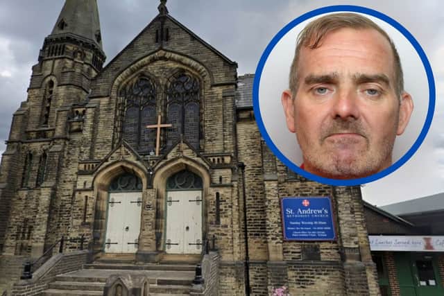 Richmond (inset) broke int St Andrew's Methodist Church in Pudsey, along with several care homes and assisted living complexes for the elderly.