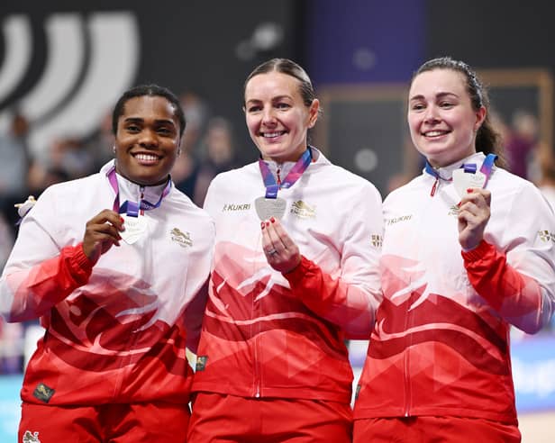 BOWING OUT: Katy Marchant, centre, posing with fellow Team England silver medallists Sophie Capewell and Rhianna Parris-Smith during the Women's Team Sprint medal ceremony on day seven of the Glasgow 2026 Commonwealth Games.
Photo by Quinn Rooney/Getty Images.
