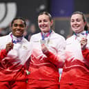 BOWING OUT: Katy Marchant, centre, posing with fellow Team England silver medallists Sophie Capewell and Rhianna Parris-Smith during the Women's Team Sprint medal ceremony on day seven of the Glasgow 2026 Commonwealth Games.
Photo by Quinn Rooney/Getty Images.