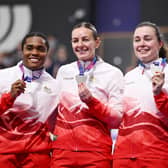 BOWING OUT: Katy Marchant, centre, posing with fellow Team England silver medallists Sophie Capewell and Rhianna Parris-Smith during the Women's Team Sprint medal ceremony on day seven of the Glasgow 2026 Commonwealth Games.
Photo by Quinn Rooney/Getty Images.