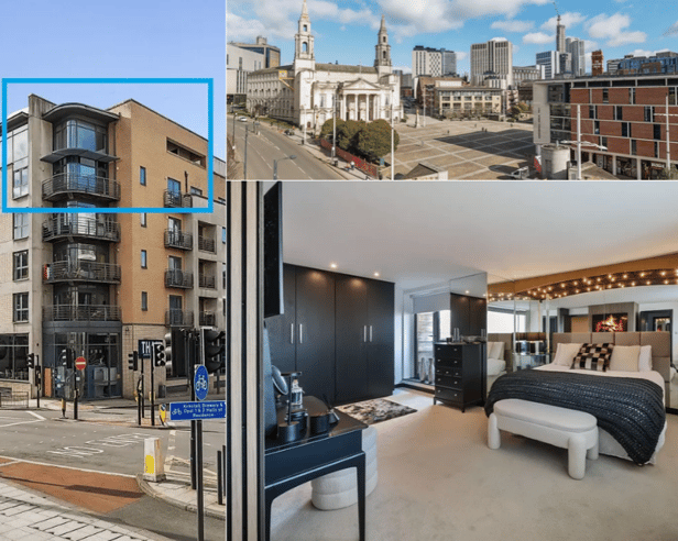 Available for the first time in 24 years, this 1,800 sq ft duplex penthouse on Calverley Street features double-height ceilings, three balconies, a south-facing terrace, and views over Millennium Square and Leeds Town Hall