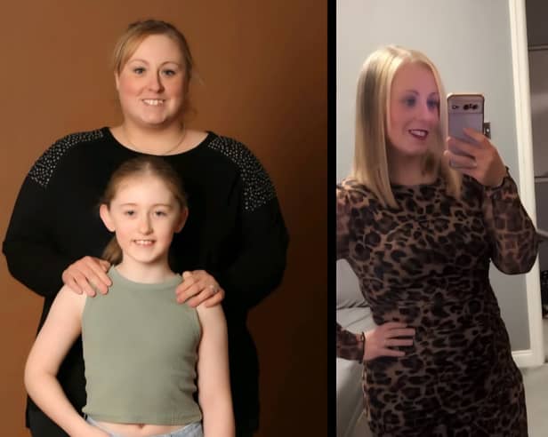 The picture that changed everything: Leanne Huntington with her daughter before losing six stone, and as she looks today.