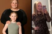 The picture that changed everything: Leanne Huntington with her daughter before losing six stone, and as she looks today.