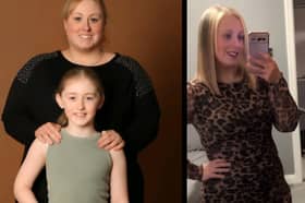 The picture that changed everything: Leanne Huntington with her daughter before losing six stone, and as she looks today.